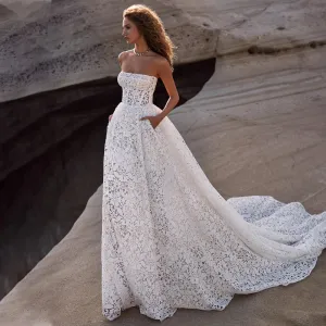 Exquisite Wedding Dress 2023 Strapless A Line Open Back Summer Wedding Gowns for Women Ivory Lace Pockets Luxury Robe De Mariée