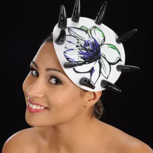 F6017-White Straw fascinator with small horns and floral flower applique