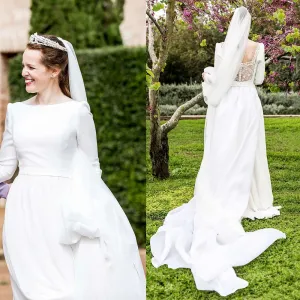 Factory Price Victorian Cutout Lace Scoop Neck Wedding Dress A Line Customized Chic Satin Long Sleeves Backless Bridal Gowns