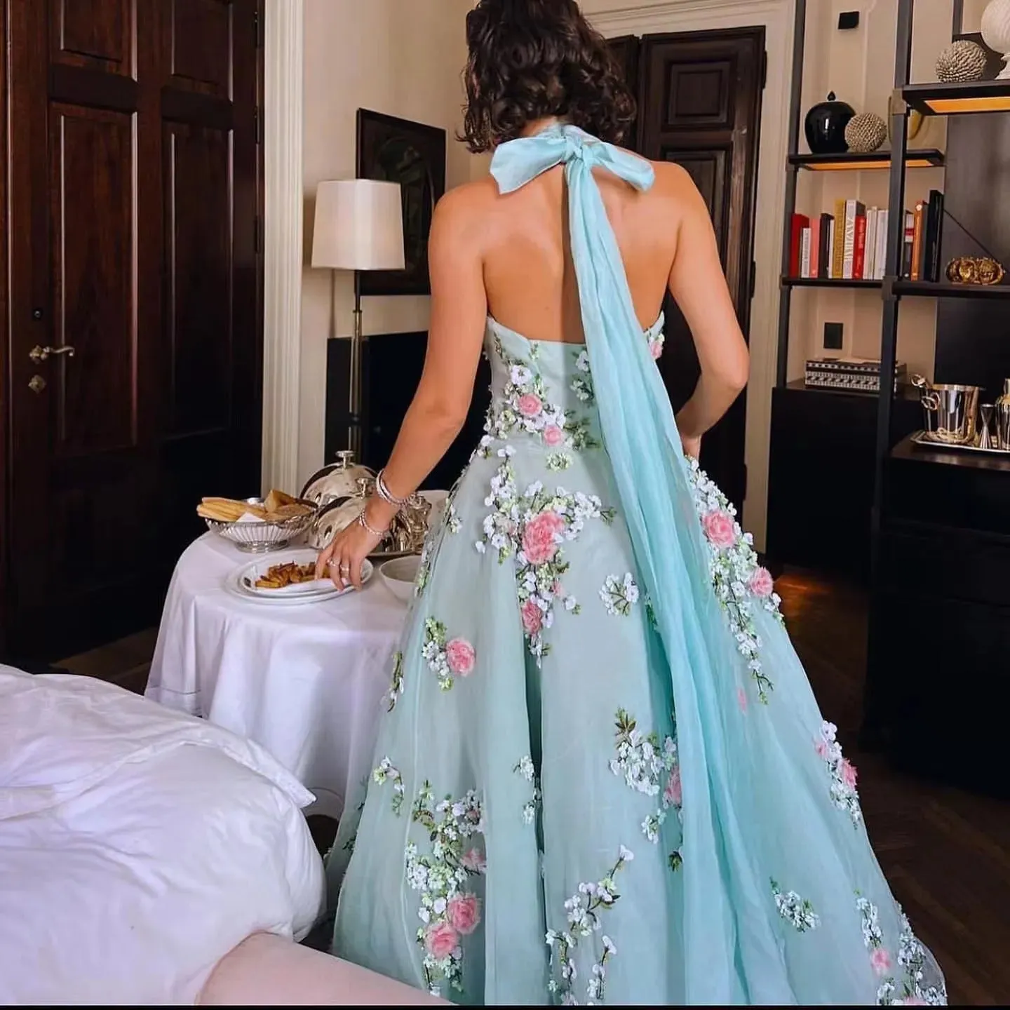 Fairy Mint Green Formal Prom Gowns Halter Organza Flower Applique Ruched Floor Length Evening Party Dress Event Dress