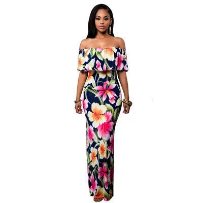 Fall Summer Ruffle Off Shoulder Maxi Dress Robe Party Dresses Backless Slim Elegant Vintage Floral Bodycon Long Dress