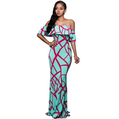 Fall Summer Ruffle Off Shoulder Maxi Dress Robe Party Dresses Backless Slim Elegant Vintage Floral Bodycon Long Dress