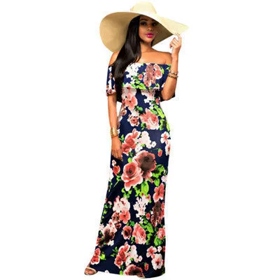 Fall Summer Ruffle Off Shoulder Maxi Dress Robe Party Dresses Backless Slim Elegant Vintage Floral Bodycon Long Dress