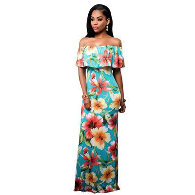 Fall Summer Ruffle Off Shoulder Maxi Dress Robe Party Dresses Backless Slim Elegant Vintage Floral Bodycon Long Dress