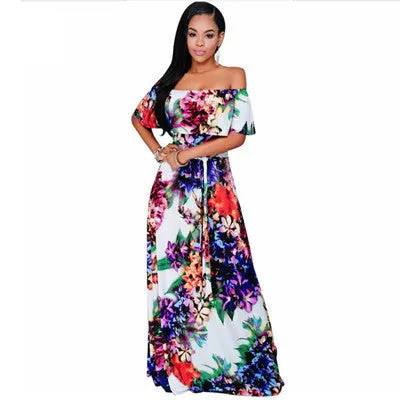 Fall Summer Ruffle Off Shoulder Maxi Dress Robe Party Dresses Backless Slim Elegant Vintage Floral Bodycon Long Dress
