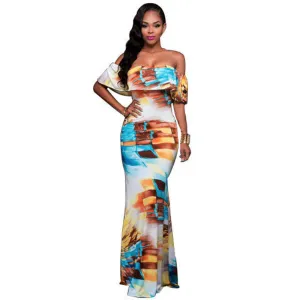 Fall Summer Ruffle Off Shoulder Maxi Dress Robe Party Dresses Backless Slim Elegant Vintage Floral Bodycon Long Dress