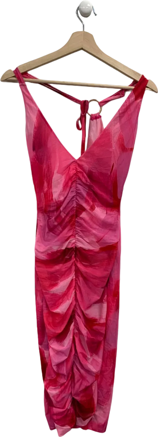 Farai London Red Pink Print Ruched Dress Size UK S