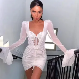 Fashion Short Wedding Dresses Long Sleeves Applique Stones Pleats Mini Sexy Bride Gowns Night Event Party Dress Outfit
