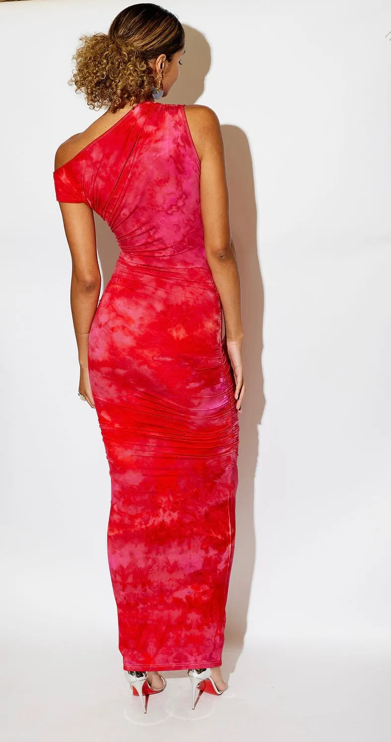 Fiery Sunset One Shoulder Ruched Maxi