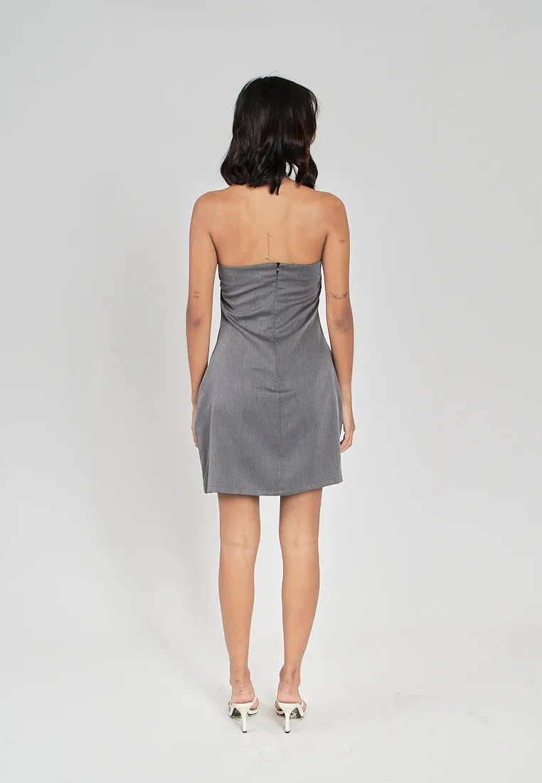 Fiora Grey Halter Front Tie Sexy Back Zipper Sleeveless Mini Dress