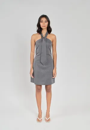 Fiora Grey Halter Front Tie Sexy Back Zipper Sleeveless Mini Dress