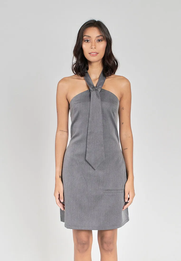 Fiora Grey Halter Front Tie Sexy Back Zipper Sleeveless Mini Dress