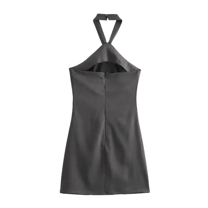Fiora Grey Halter Front Tie Sexy Back Zipper Sleeveless Mini Dress