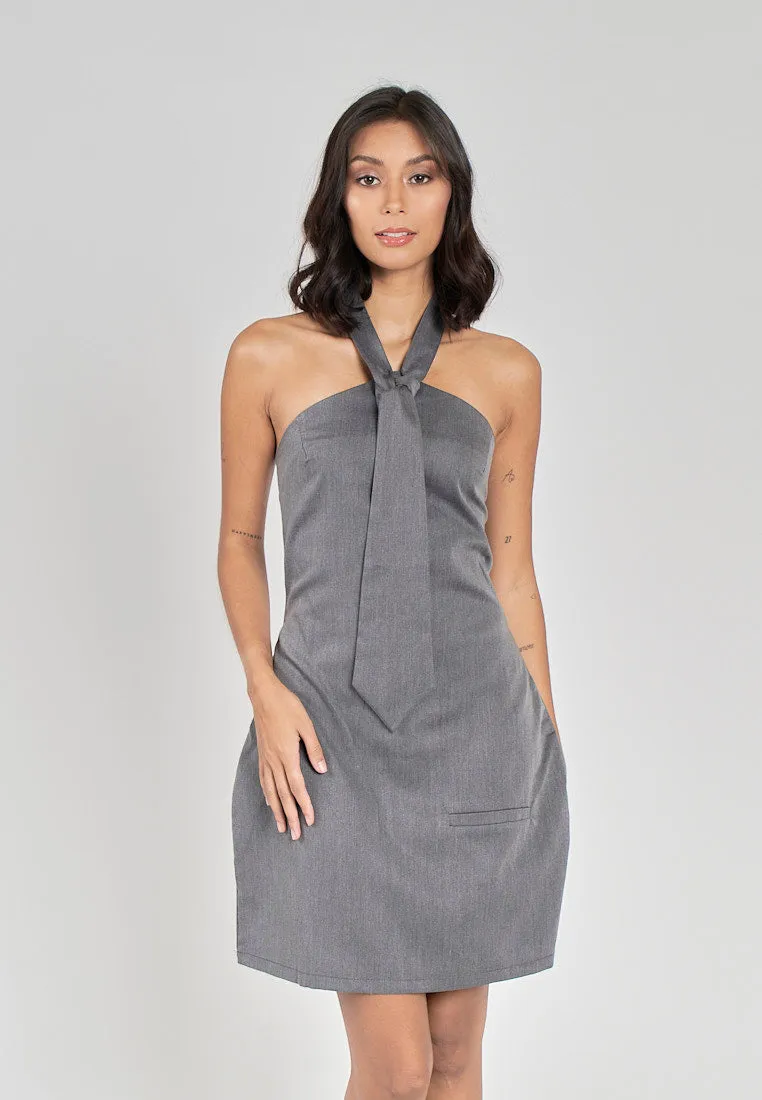 Fiora Grey Halter Front Tie Sexy Back Zipper Sleeveless Mini Dress