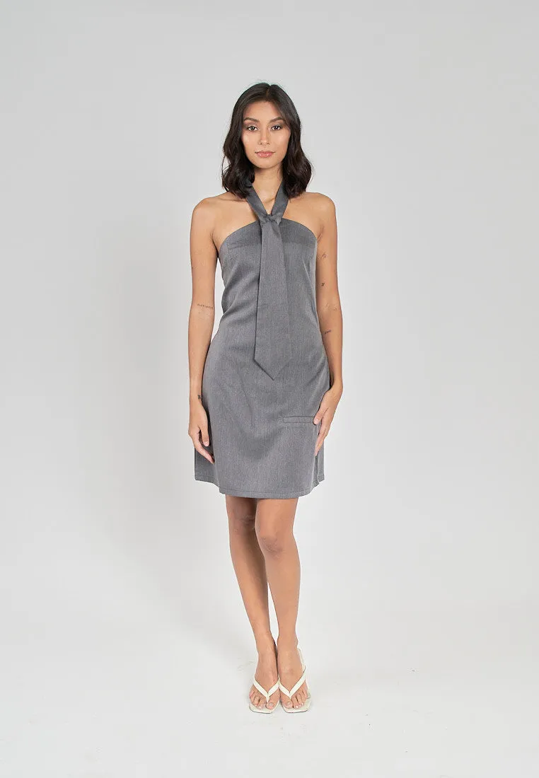 Fiora Grey Halter Front Tie Sexy Back Zipper Sleeveless Mini Dress