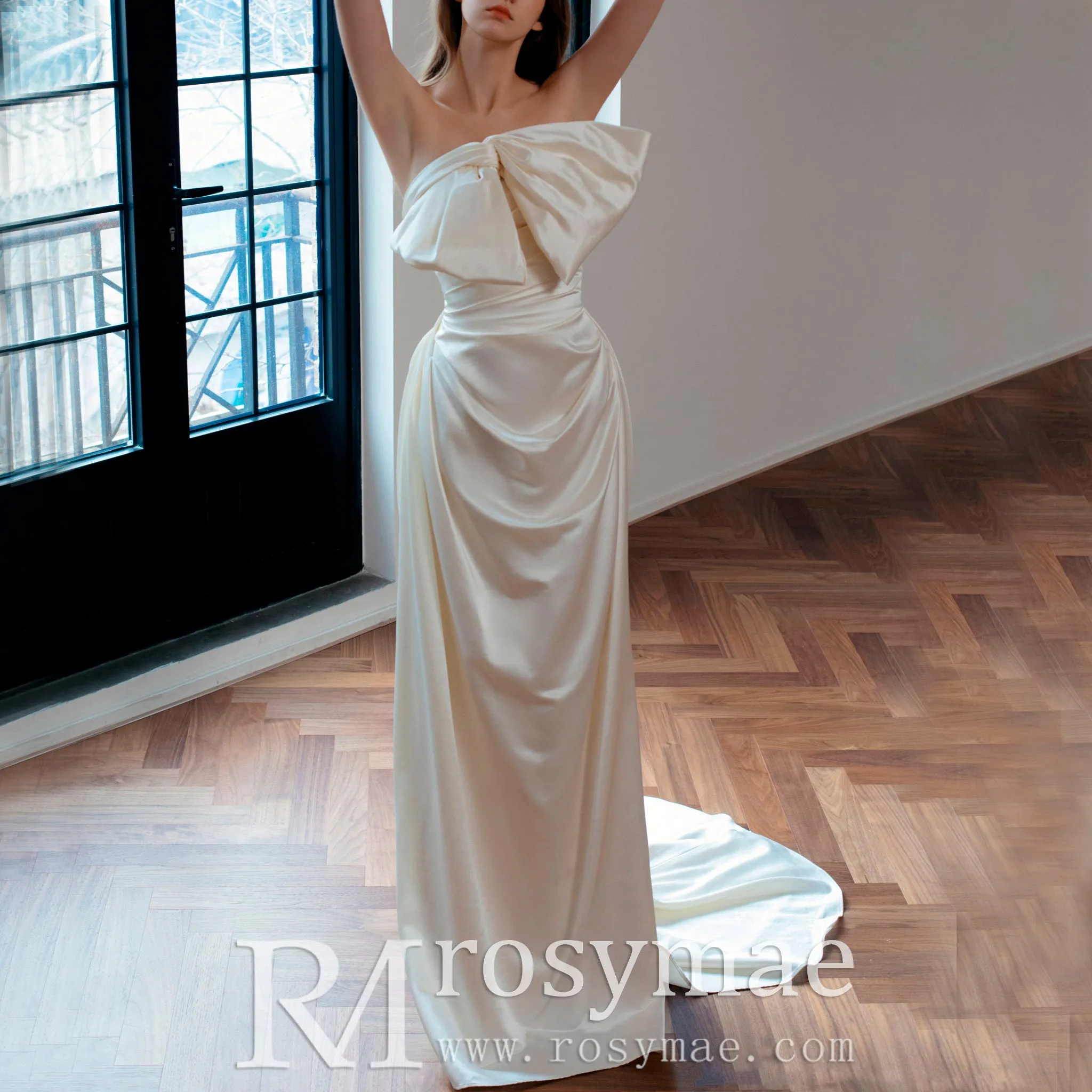 Fit and Flare Crepe Satin Wedding Dress with Bowknot Top
