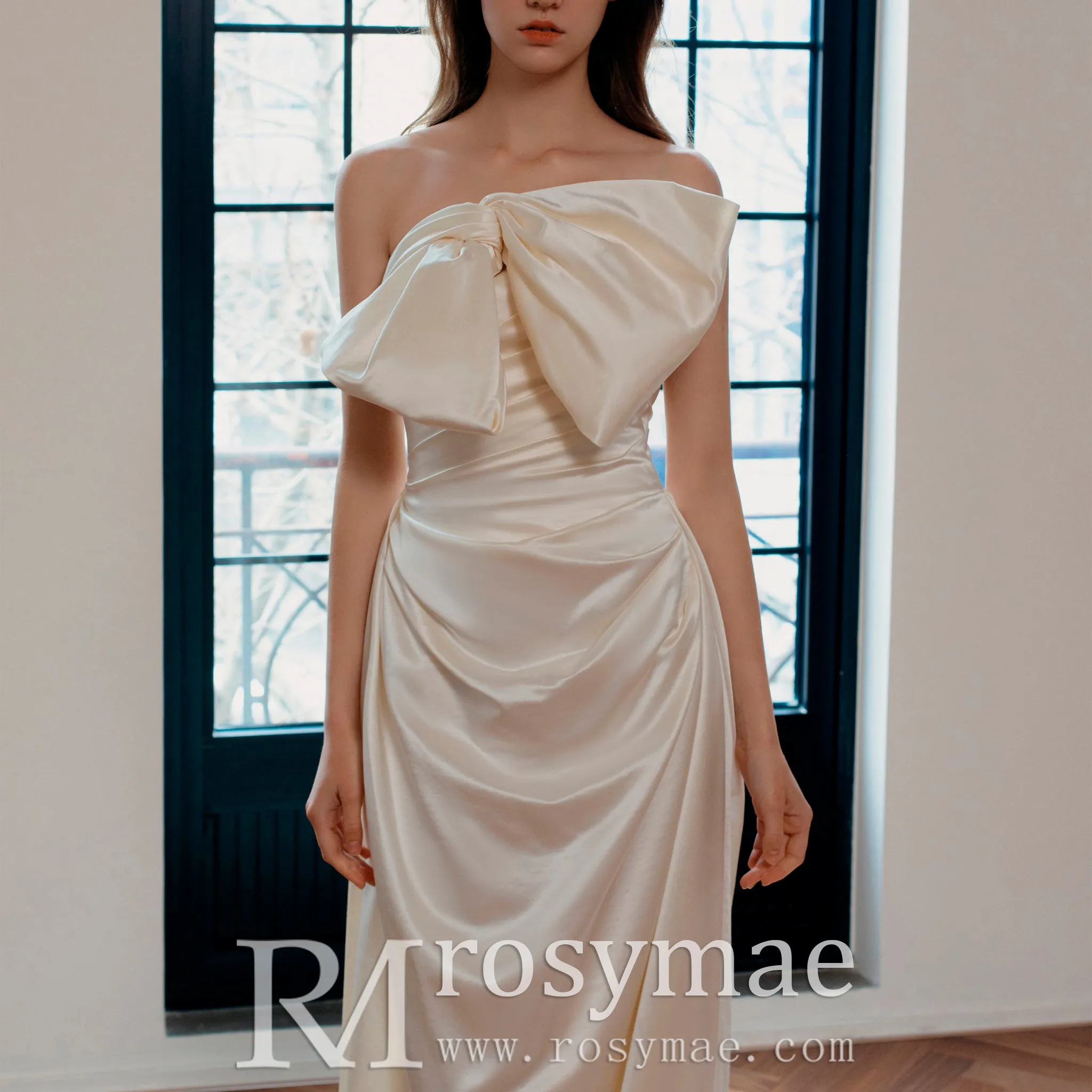 Fit and Flare Crepe Satin Wedding Dress with Bowknot Top