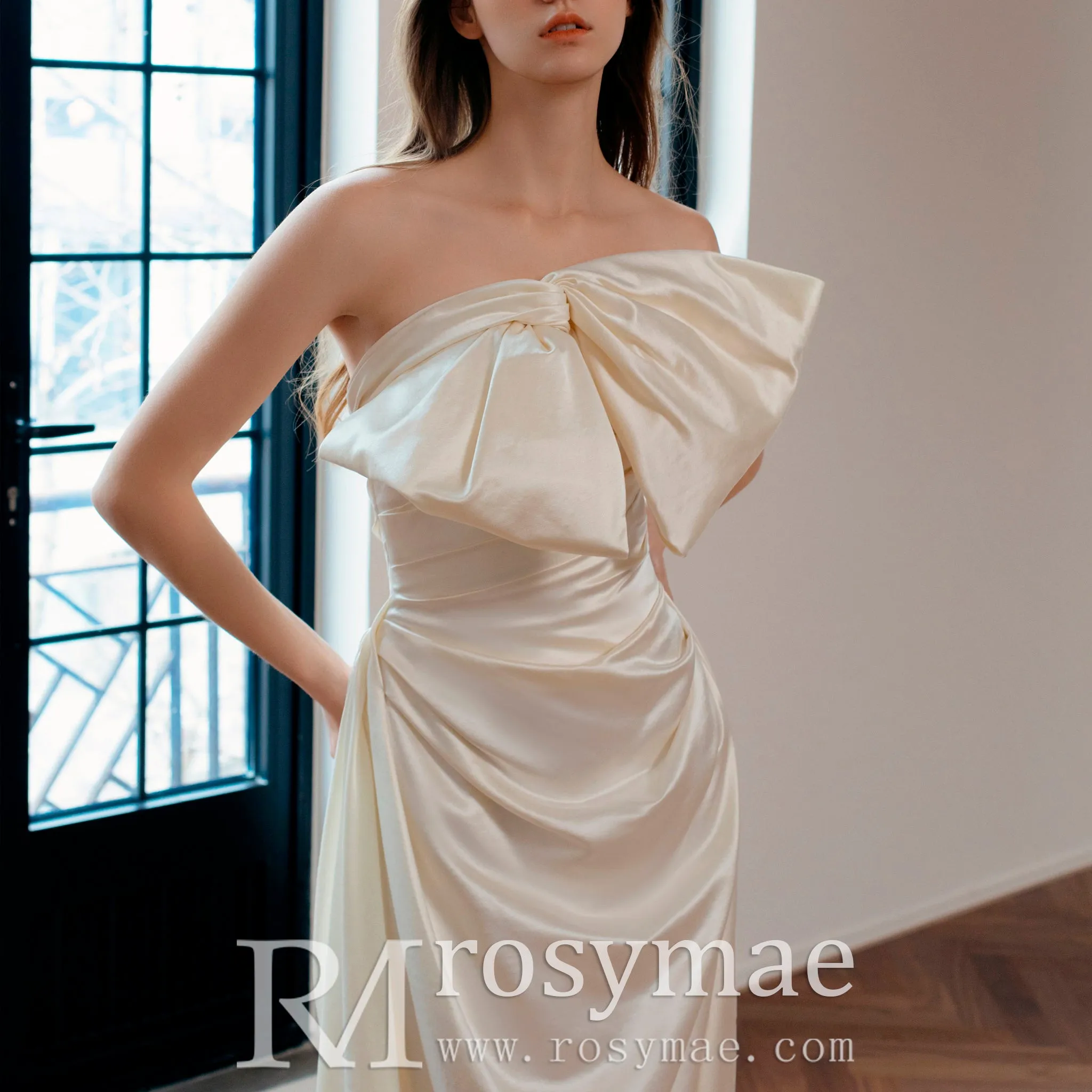 Fit and Flare Crepe Satin Wedding Dress with Bowknot Top