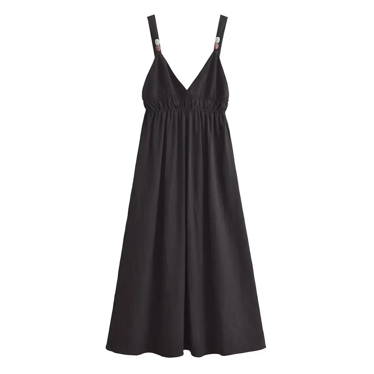 Fitzy Black V-neck Beaded Elastic Waist Midi Dress