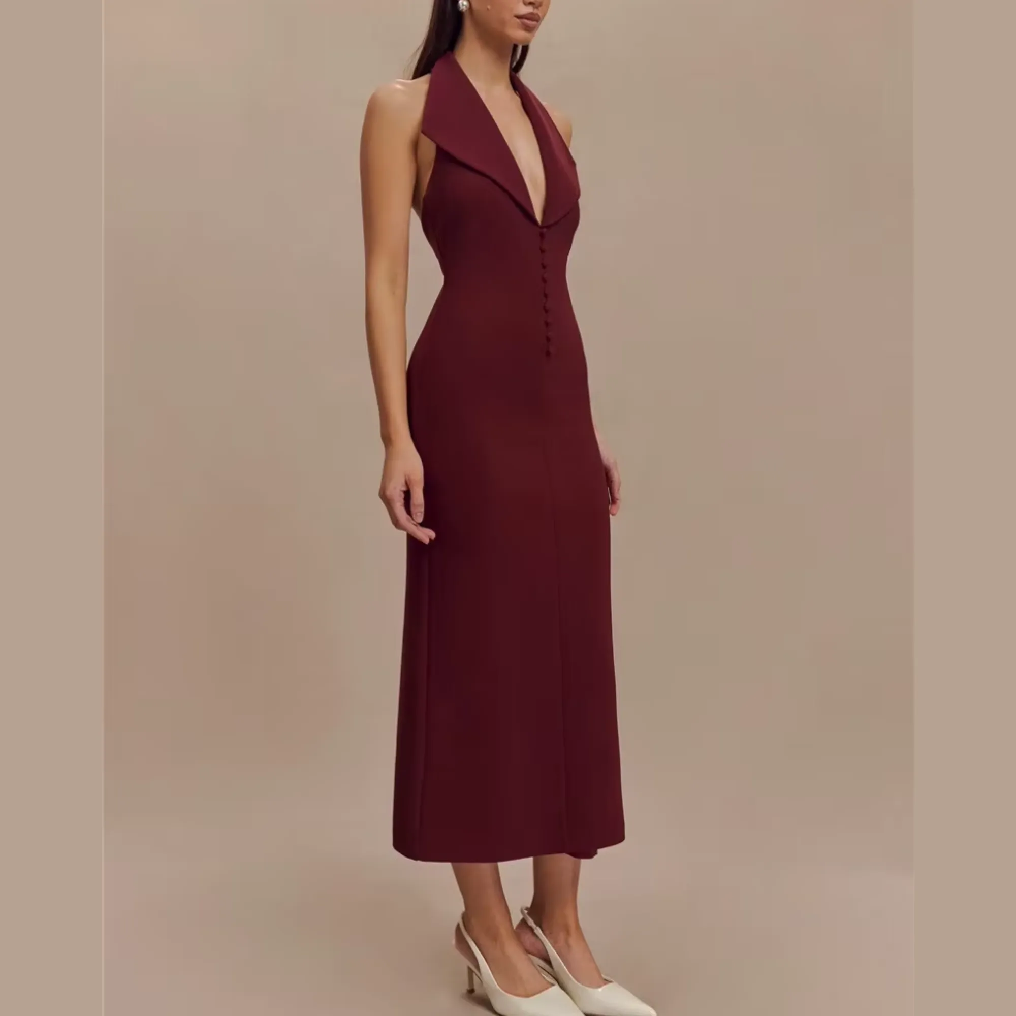 Fleur - Burgundy Deep V Halter Neck Dress