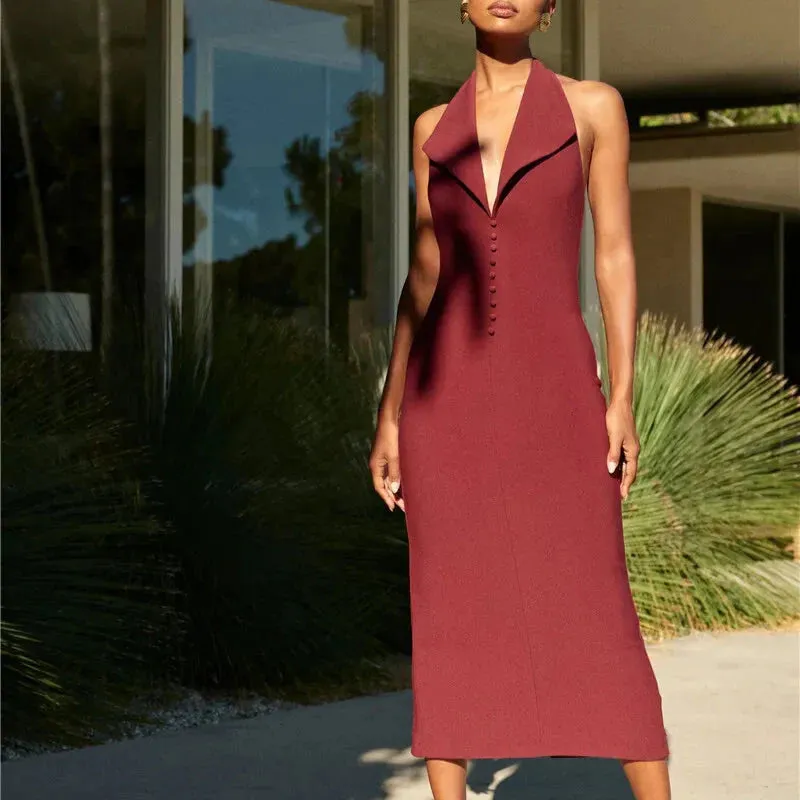 Fleur - Burgundy Deep V Halter Neck Dress