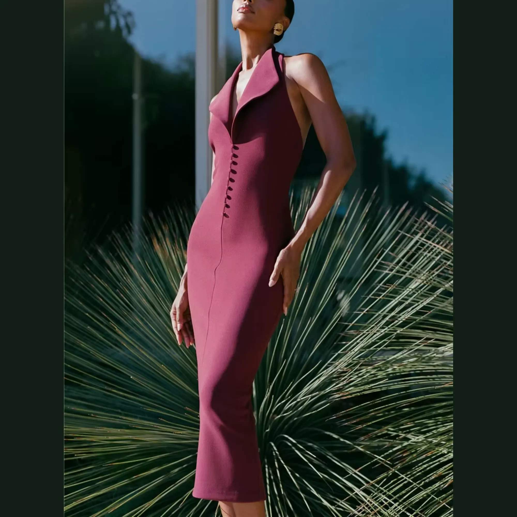 Fleur - Burgundy Deep V Halter Neck Dress