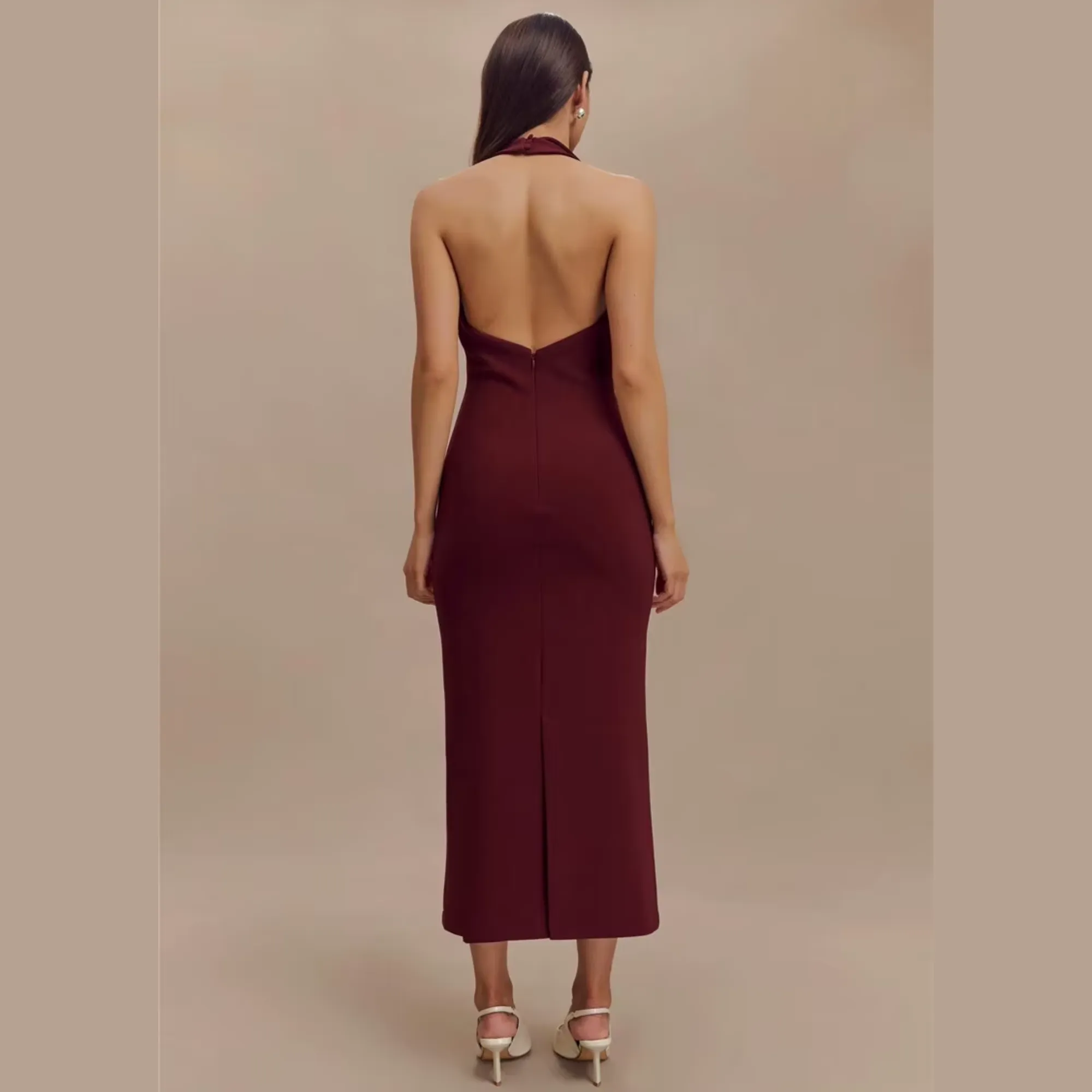 Fleur - Burgundy Deep V Halter Neck Dress