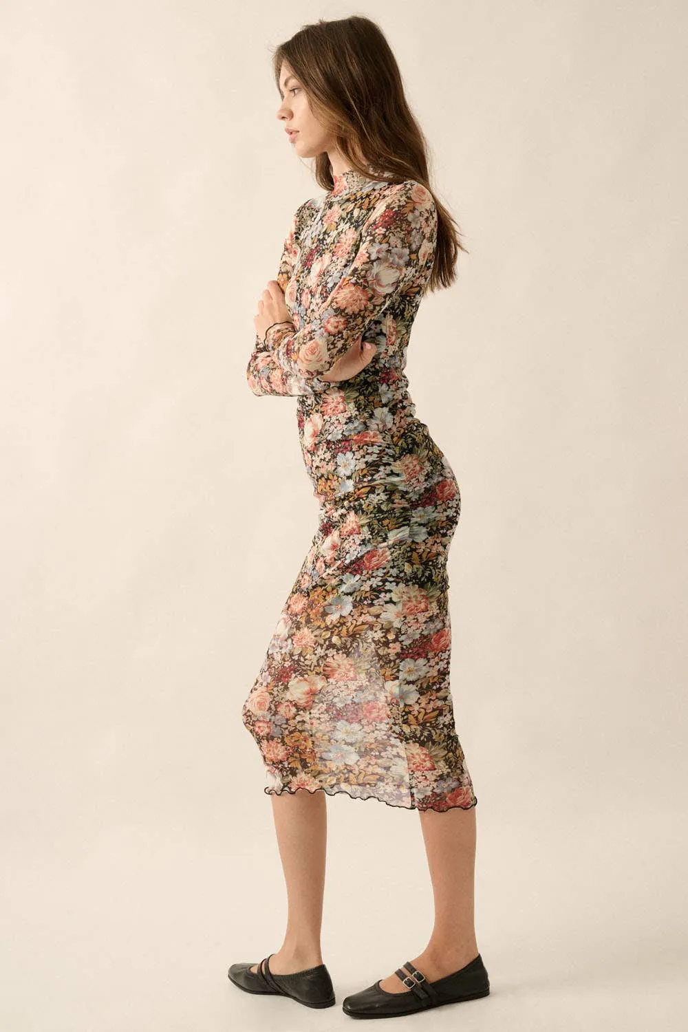 Floral Knit Lettuce-Edge Sheer Midi Dress
