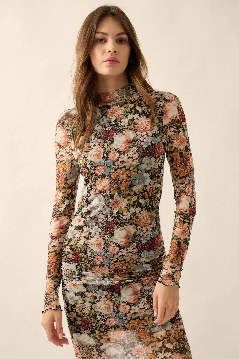Floral Knit Lettuce-Edge Sheer Midi Dress