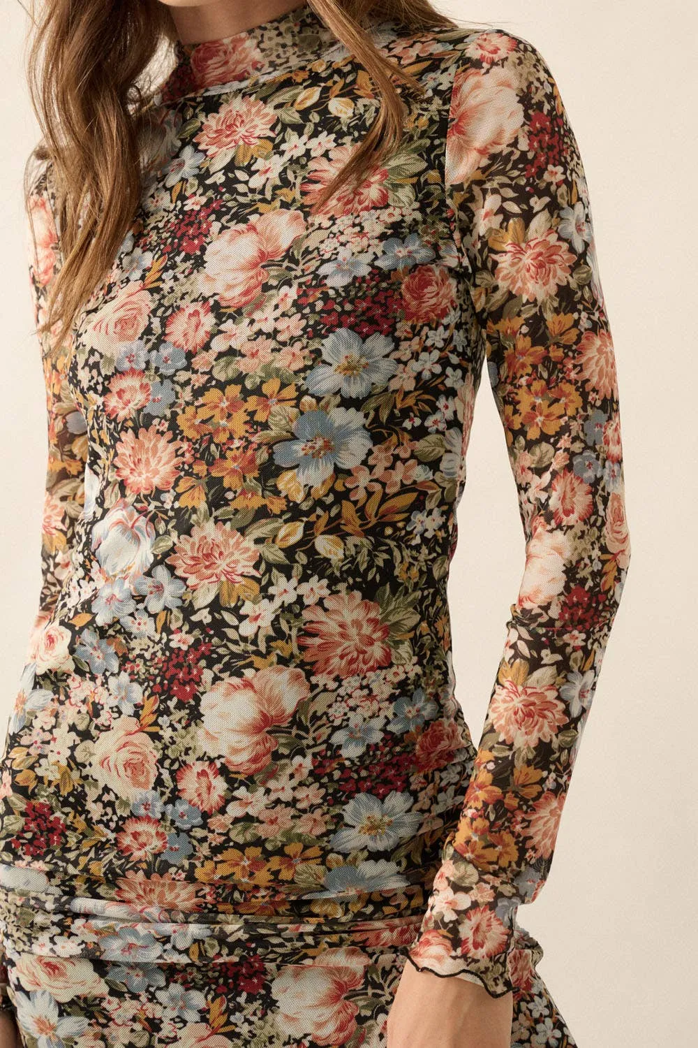 Floral Knit Lettuce-Edge Sheer Midi Dress