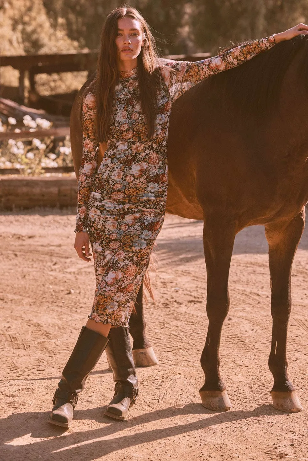 Floral Knit Lettuce-Edge Sheer Midi Dress