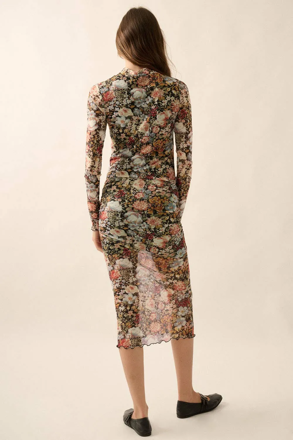 Floral Knit Lettuce-Edge Sheer Midi Dress