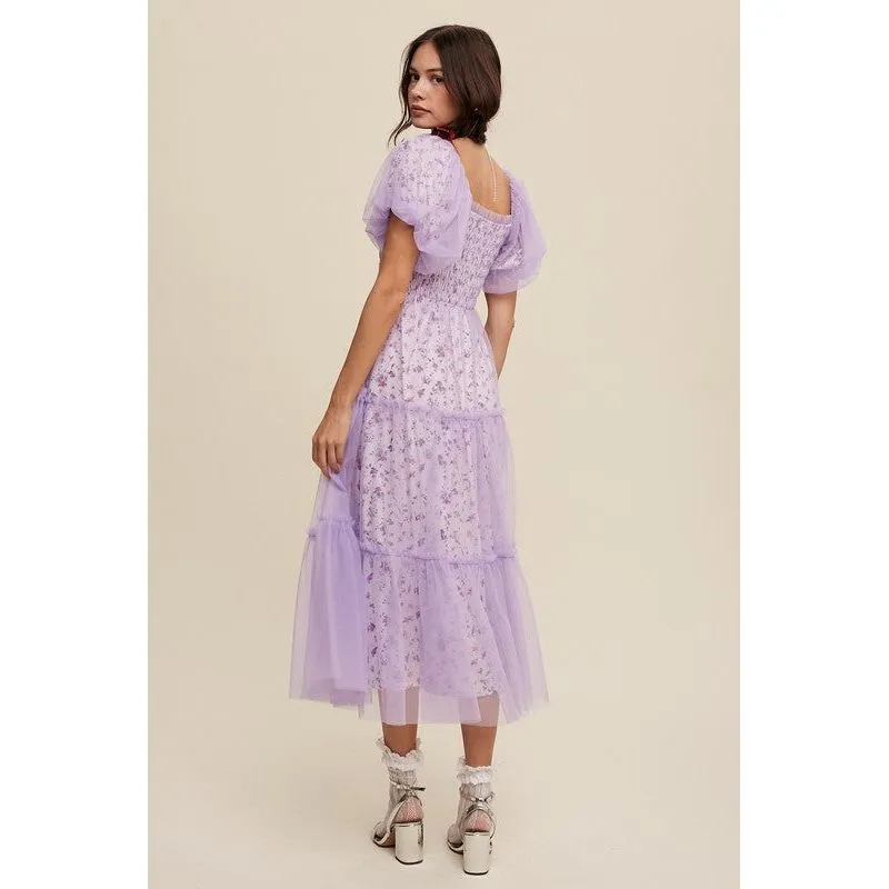 Floral Print and Mesh Puff Sleeve Maxi Dress