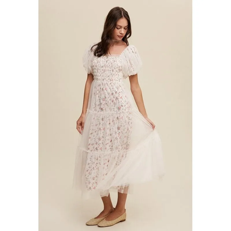 Floral Print and Mesh Puff Sleeve Maxi Dress