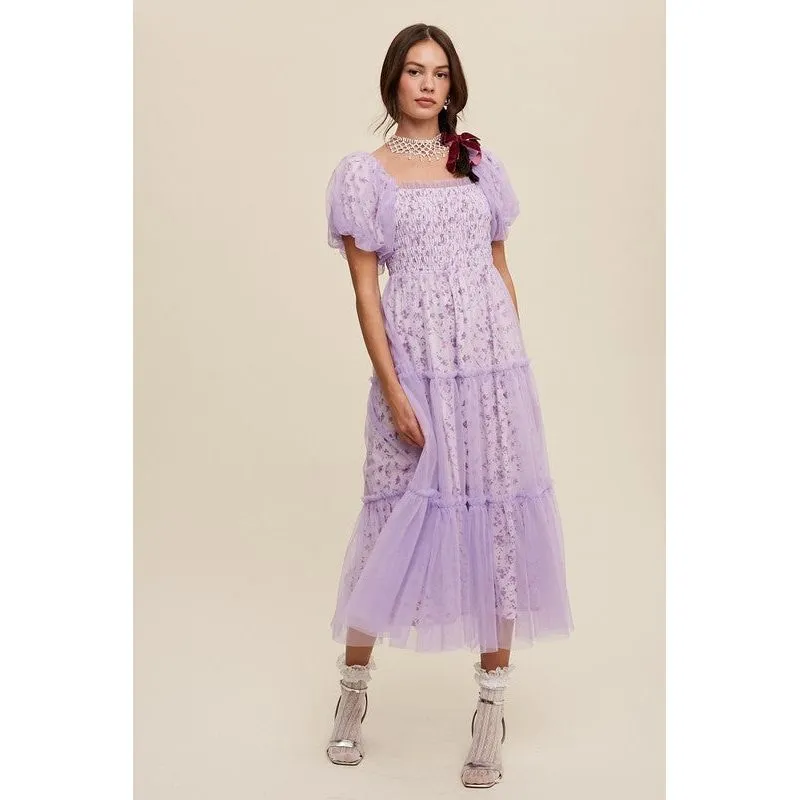 Floral Print and Mesh Puff Sleeve Maxi Dress