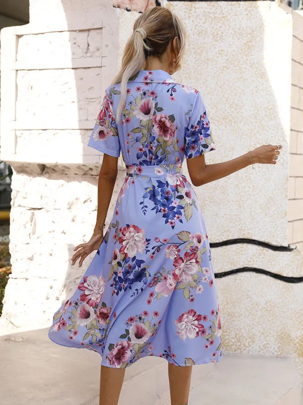 Floral Print Button-Down Dress with Lapel Collar and Tie Waist