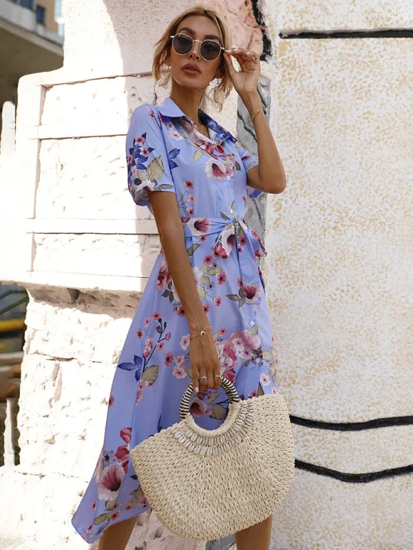 Floral Print Button-Down Dress with Lapel Collar and Tie Waist