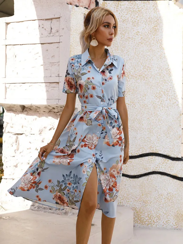 Floral Print Button-Down Dress with Lapel Collar and Tie Waist