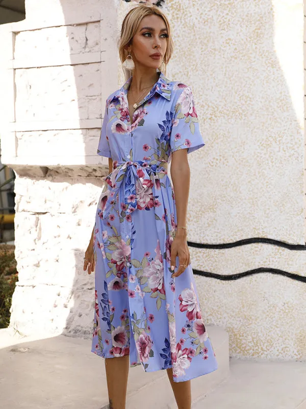 Floral Print Button-Down Dress with Lapel Collar and Tie Waist