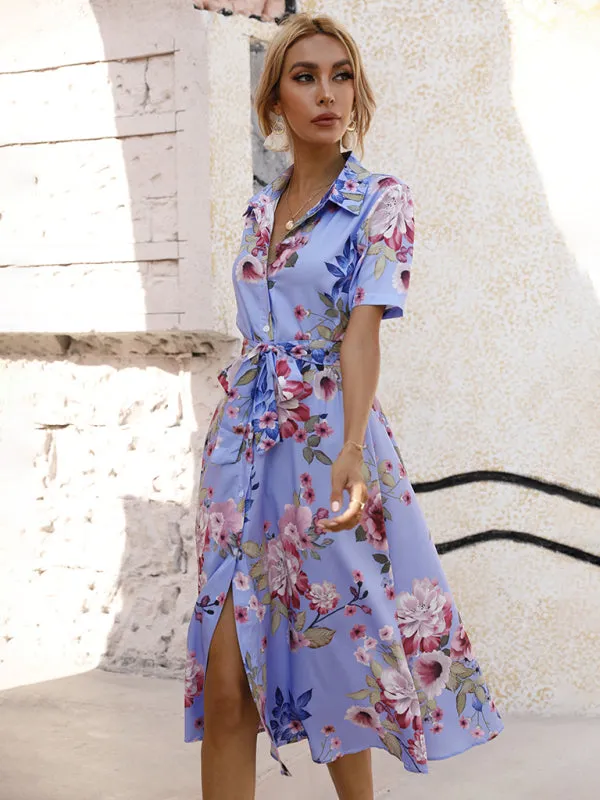 Floral Print Button-Down Dress with Lapel Collar and Tie Waist