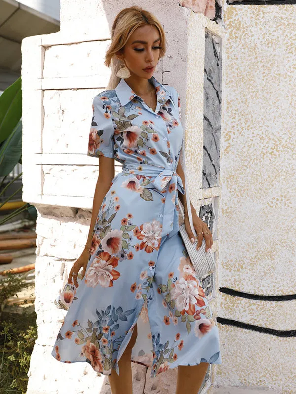 Floral Print Button-Down Dress with Lapel Collar and Tie Waist