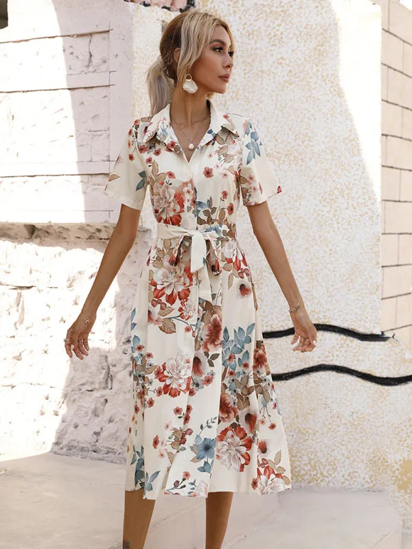 Floral Print Button-Down Dress with Lapel Collar and Tie Waist
