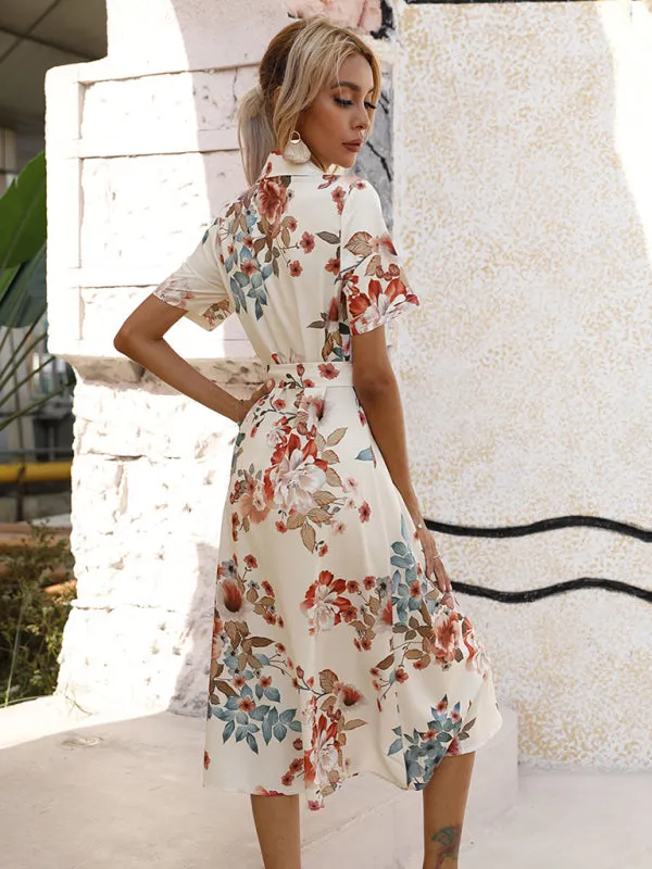 Floral Print Button-Down Dress with Lapel Collar and Tie Waist
