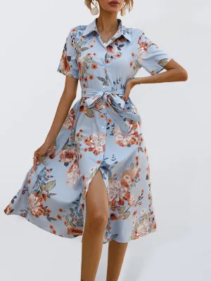 Floral Print Button-Down Dress with Lapel Collar and Tie Waist