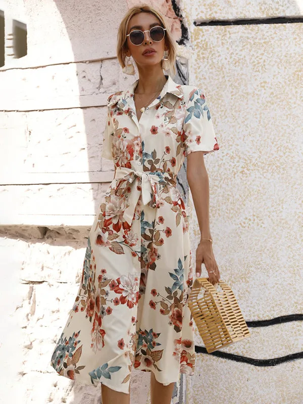 Floral Print Button-Down Dress with Lapel Collar and Tie Waist
