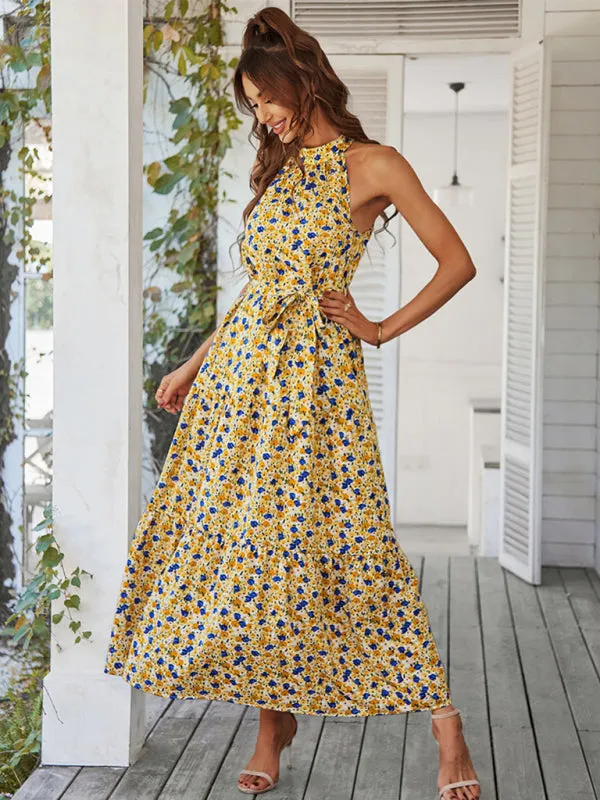 Floral Print Maxi Dress with Halter Neckline and Tiered Skirt