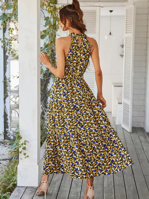 Floral Print Maxi Dress with Halter Neckline and Tiered Skirt