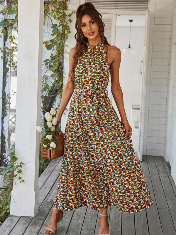 Floral Print Maxi Dress with Halter Neckline and Tiered Skirt