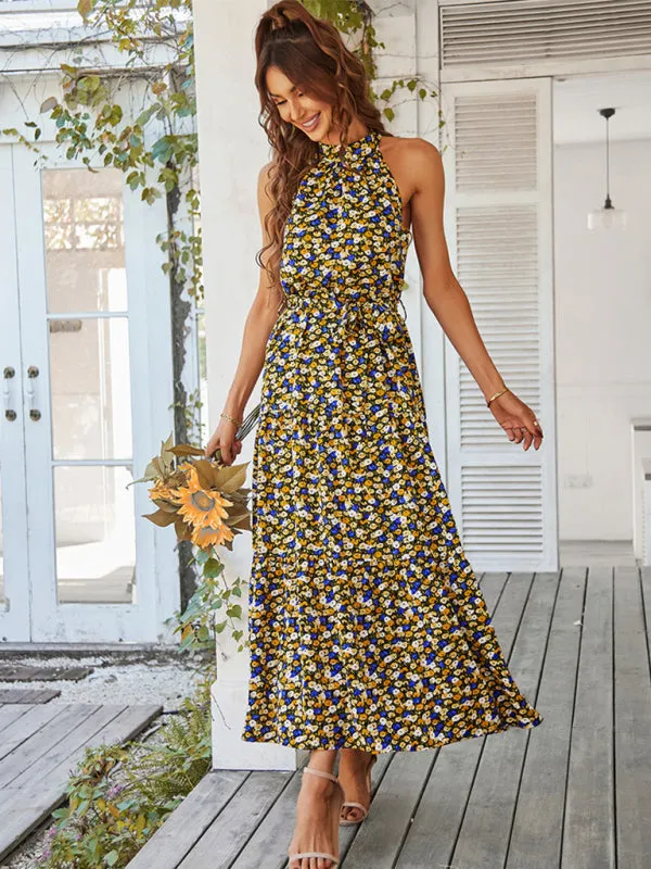 Floral Print Maxi Dress with Halter Neckline and Tiered Skirt
