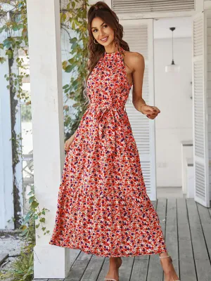 Floral Print Maxi Dress with Halter Neckline and Tiered Skirt